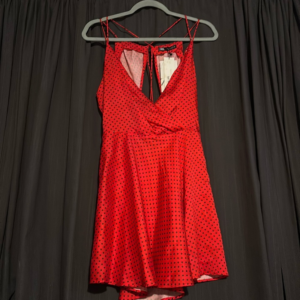 Zara Red with Black Polka Dot Open Strappy Tie Back Dress